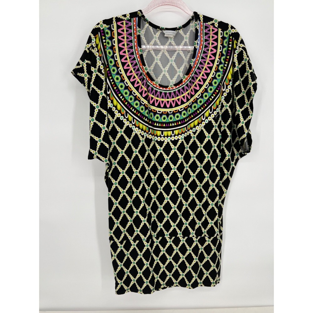 Trina Turk Short Sleeve Top Womens Sz M Multicolor Impressionist Black